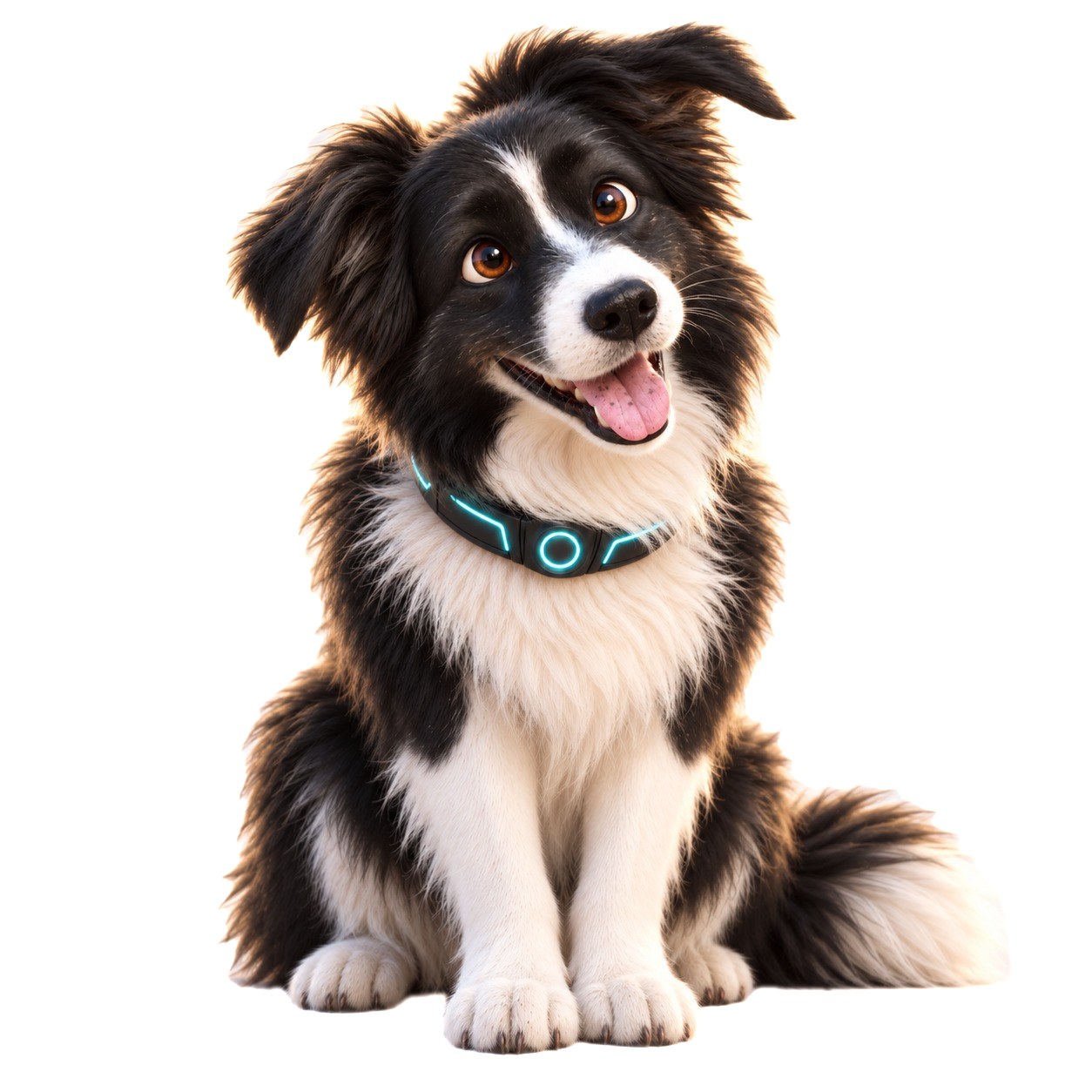 KOLI, un Border Collie bianco e nero con un collare di luce cyan